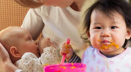 ecn-banner-435 An infant breastfeeding, and a toddler learning to eat solid foods.