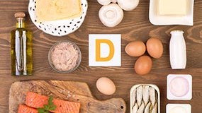 Sources of vitamin D Various food sources of Vitamin D, including salmon, mushrooms, eggs, cheese, etc.