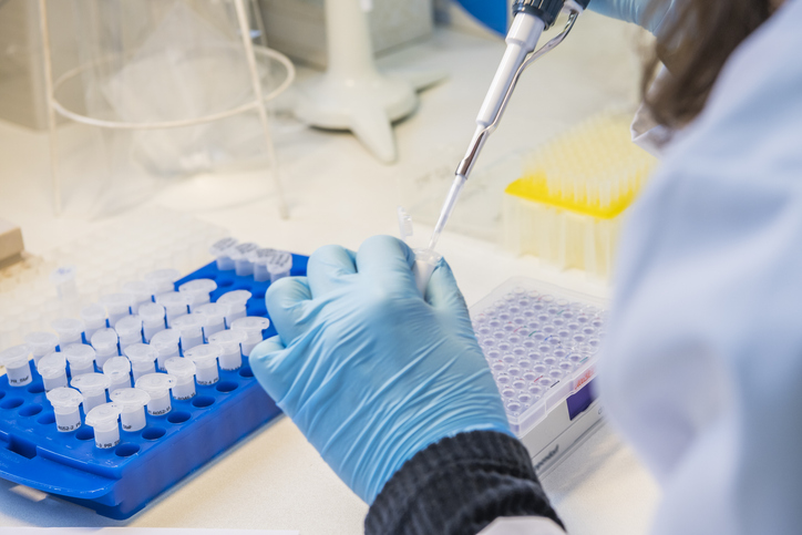 PCR testing Scientist with blue glove puts a sample into a test tube to perform testing