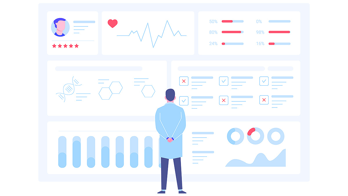 Illustration of doctor standing in front of massive dashboard of medical data and records.
