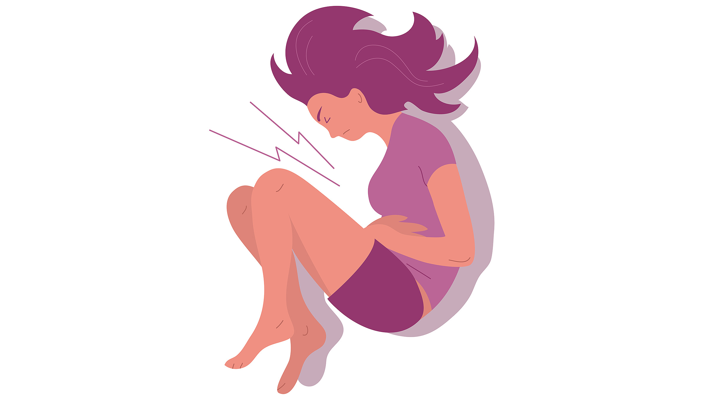 An illustration of a young woman laying down, suffering with abdominal pain.