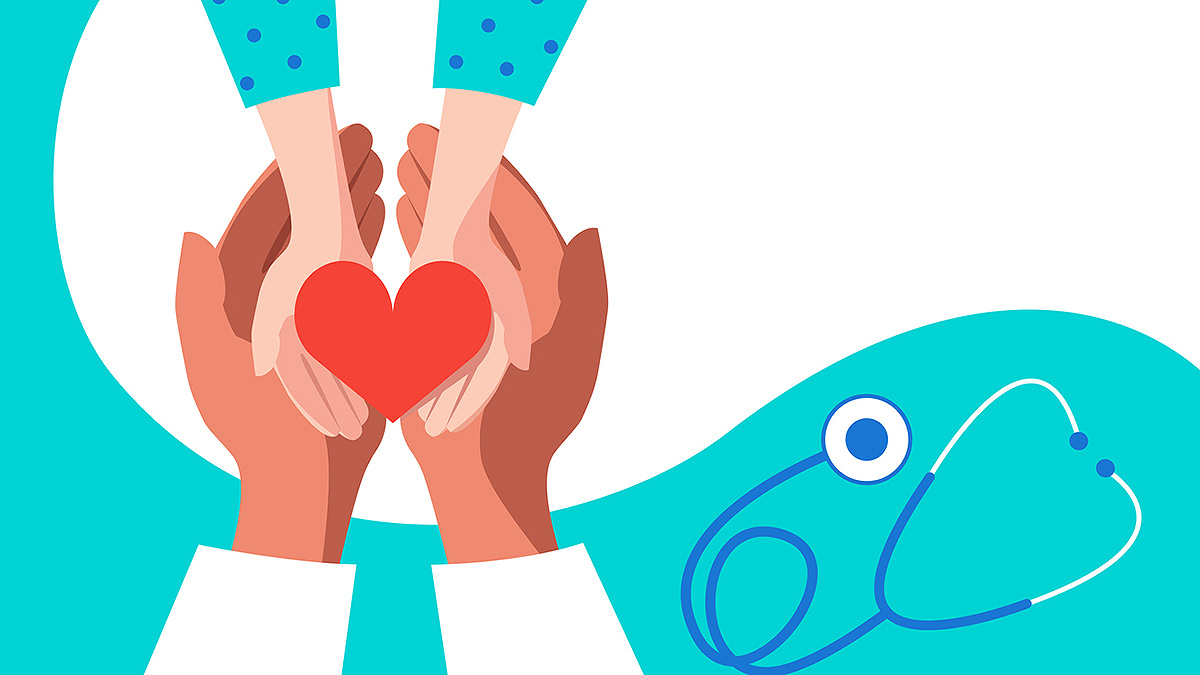 IBD Heart in Hands Illustration of a child's hands holding a heart nested in a physician's hands.