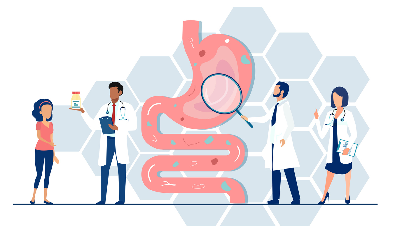 IBDIntestinalTractIllustration1327833039.jpg Illustration of a medical team examining a gastrointestinal tract.