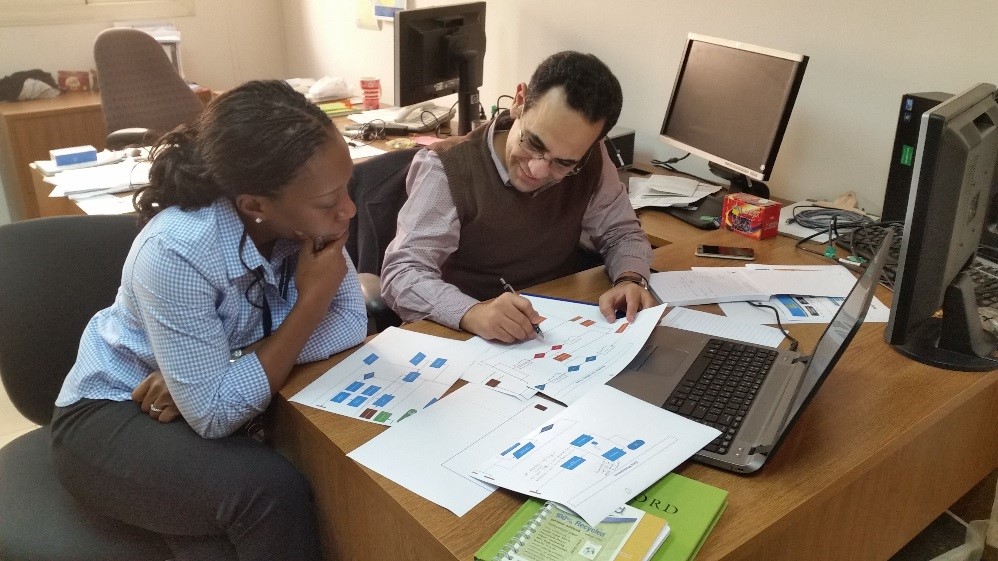 PHIFP fellows help public health agencies solve data challenges. PHIFP fellow and mentor working together at a desk reviewing diagrams.