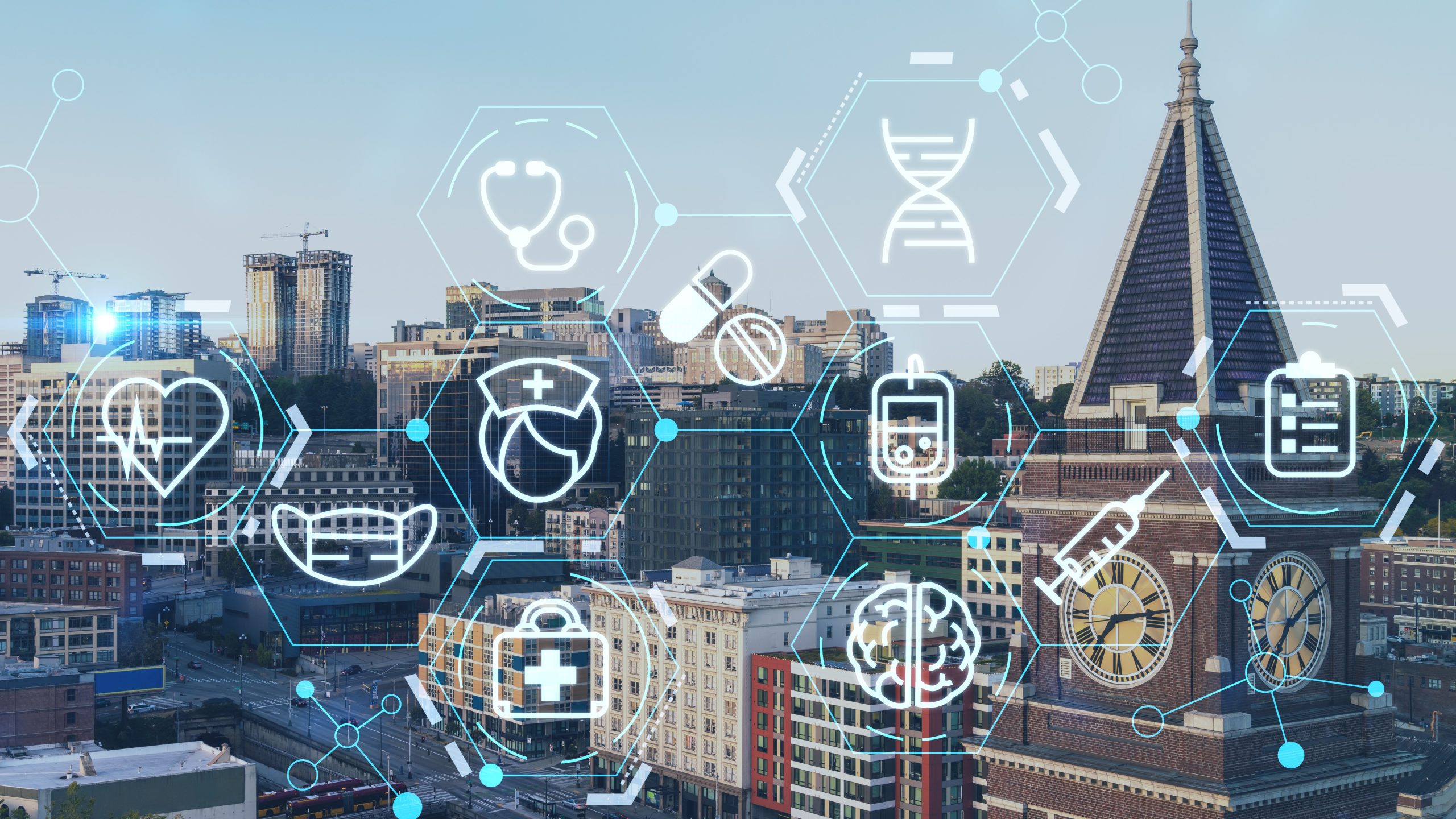 Seattle aerial skyline panorama of downtown at day time, Washington USA. Health care digital medicine hologram.