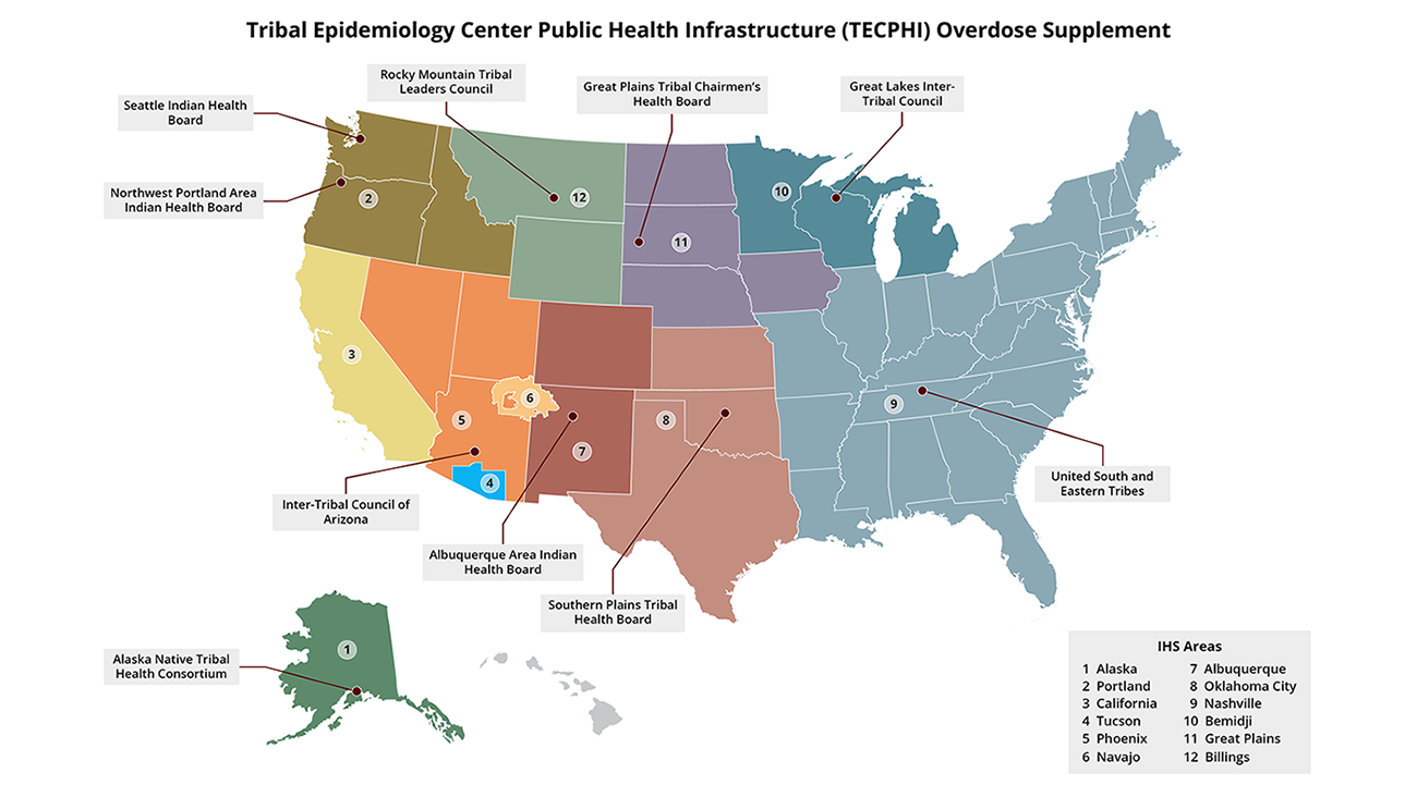 TECPHI partner map Map of Tribal Epidemiology Center Public Health Infrastructure (TECPHI) Overdose Supplement partners