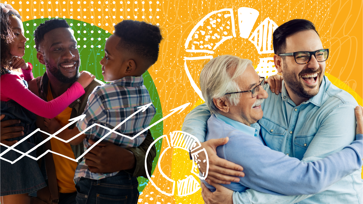 Injury Center Research Priorities Father hugging two young children, older father hugging older son, and graphical illustrations.