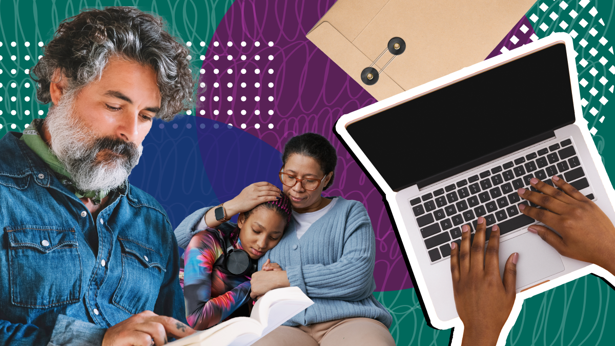 Suicide prevention funding Stock images of a man reading, a mother and teenage daughter hugging, and a person on their computer.