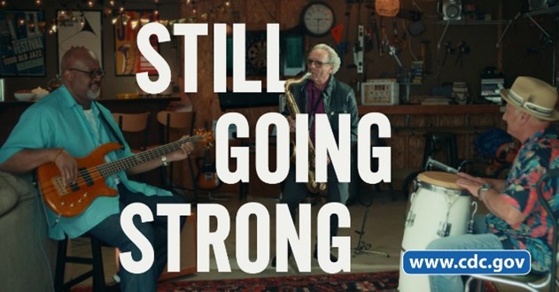 Still going strong Older men playing in a band with the words Still Going Strong