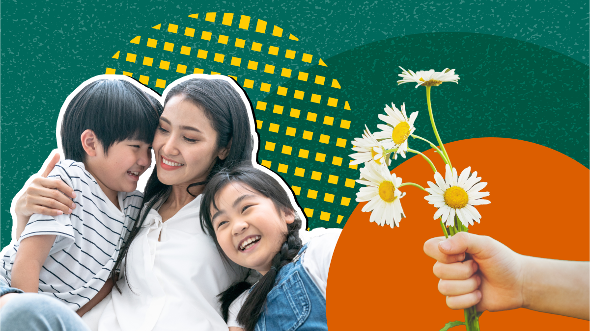 ACEs Policy Stock image of mom and children hugging and an arm holding flowers to the side