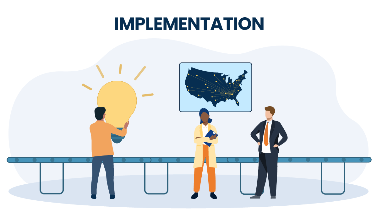 Insight Net Implementers 2024 Graphic that says "Implementation" and shows people collaborating.