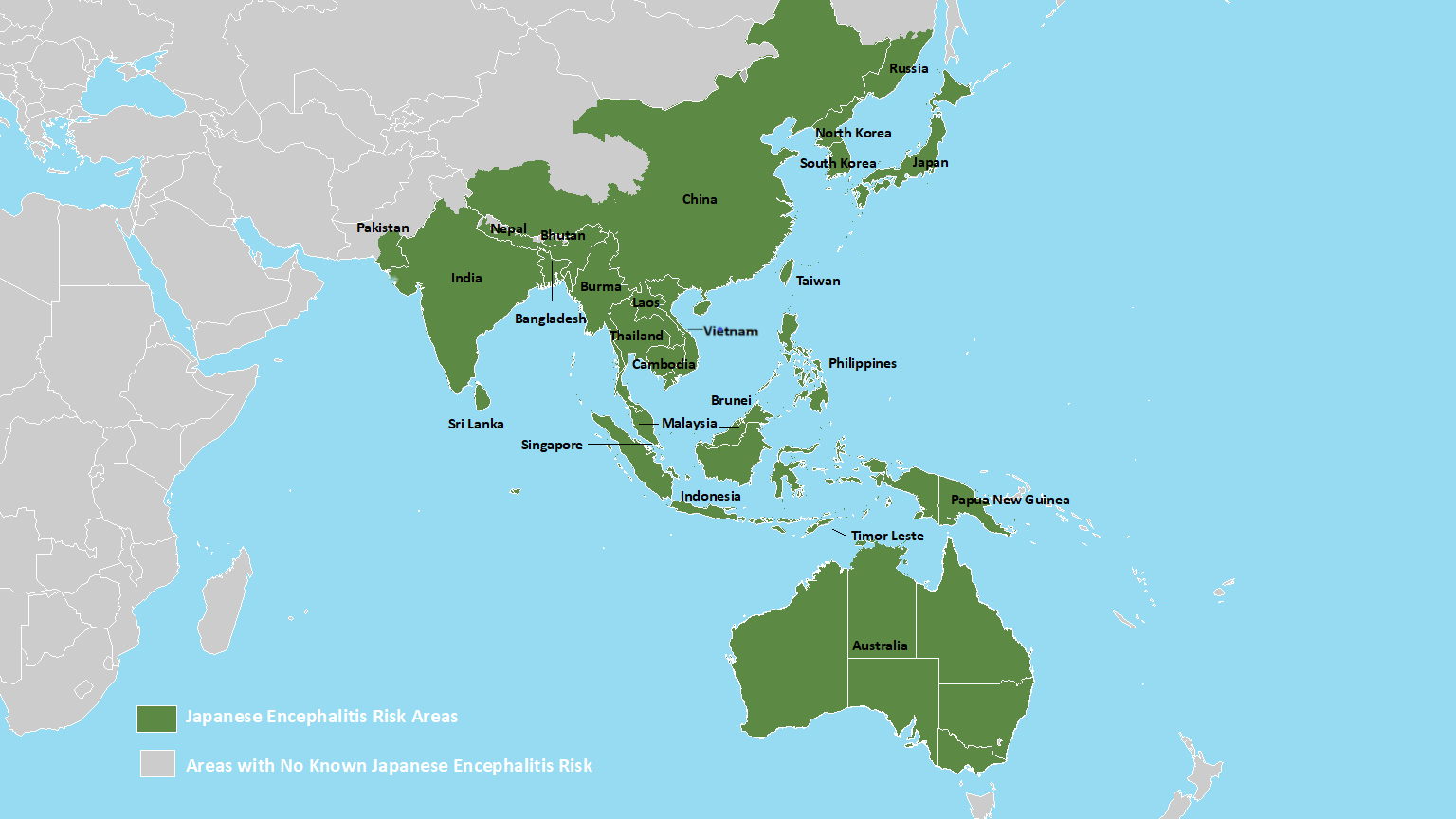 Map of countries in Asia and the western Pacific in which Japanese encephalitis virus has been identified.