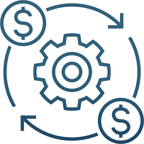 VR training image A cog with two dollar signs encircling it.