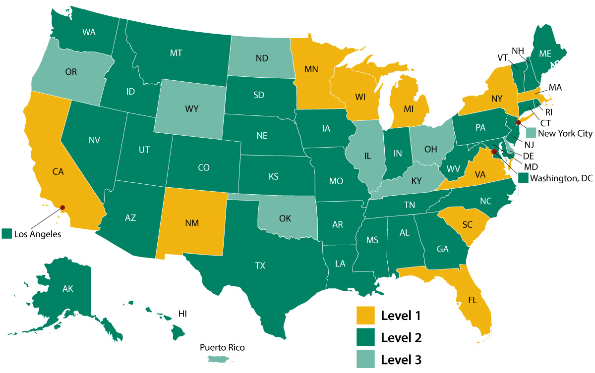 LRN-C U.S. map with state boundaries. Level 1 states are yellow, level 2 states are dark green, level 3 states are light green.