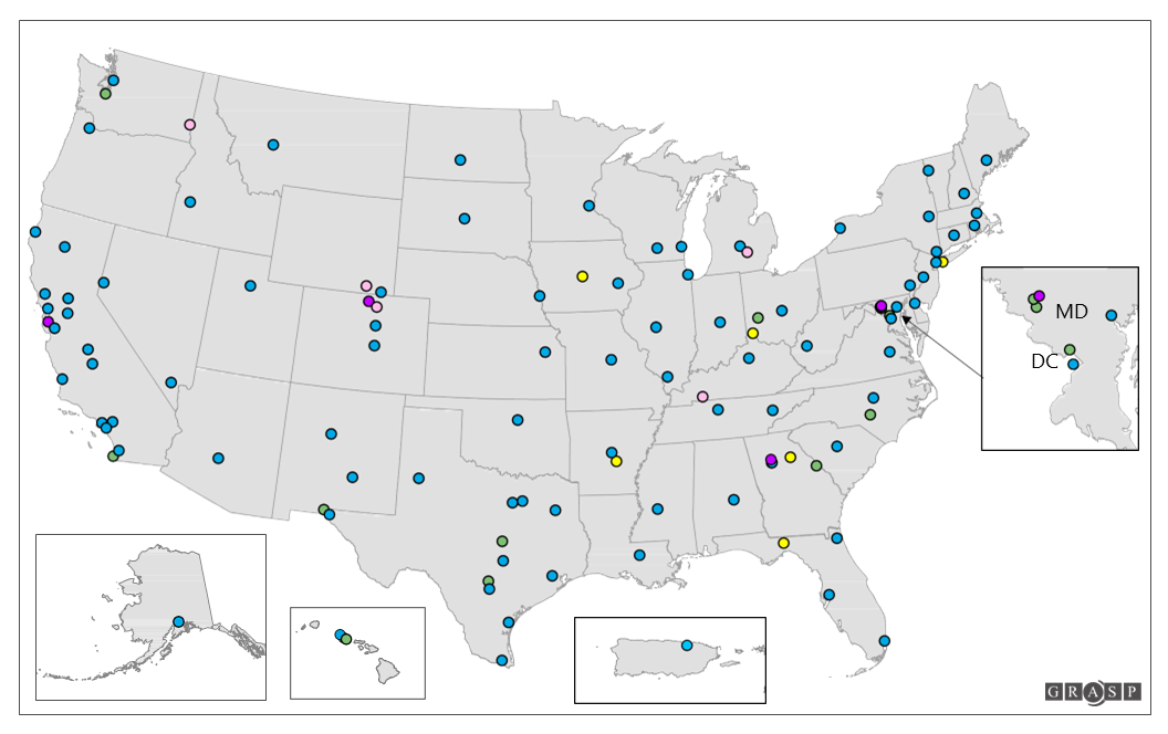 LRN Coverage Map A gray map of the North American continent with states in white and dots where LRN laboratories are located.