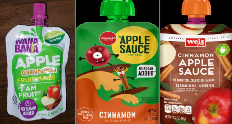 Recalled applesauce products Recalled applesauce product packaging.