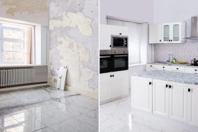 Kitchen renovation Side by side images showing the before and after of a kitchen renovation