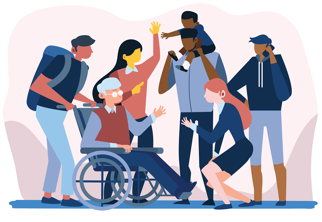 health_equity_image People of diverse race and physical ability interacting with one another.