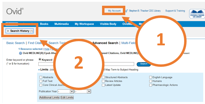 Screen shot of Ovid Search Alert showing the "my account" and the "search history" buttons.