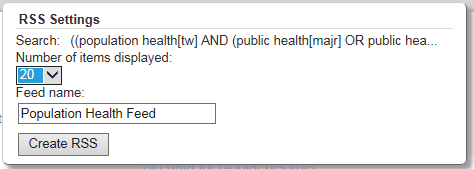 Screen shot of RSS settings drop down list for number of items displayed and create RSS button.