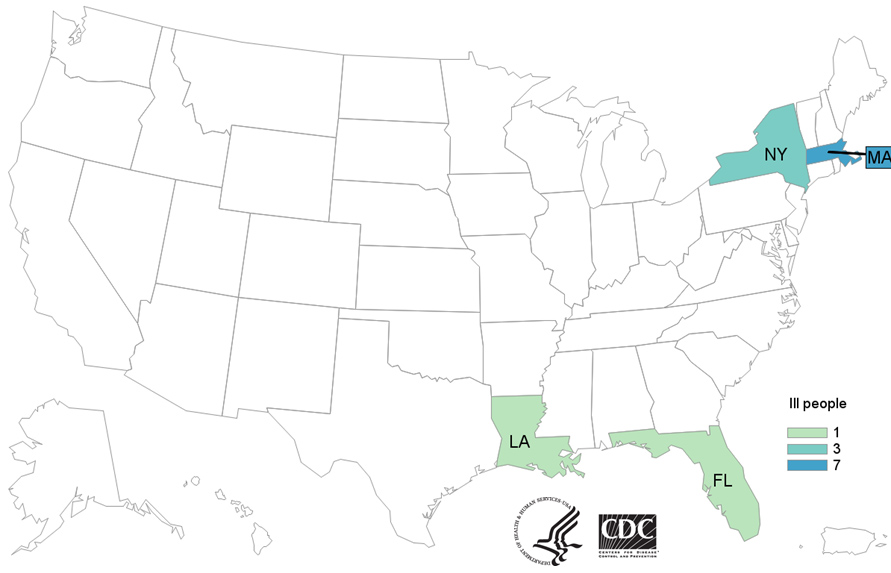map-01-26-21 Map of United States - People infected with the outbreak strain of Listeria, by state of residence, as of January 28, 2021.