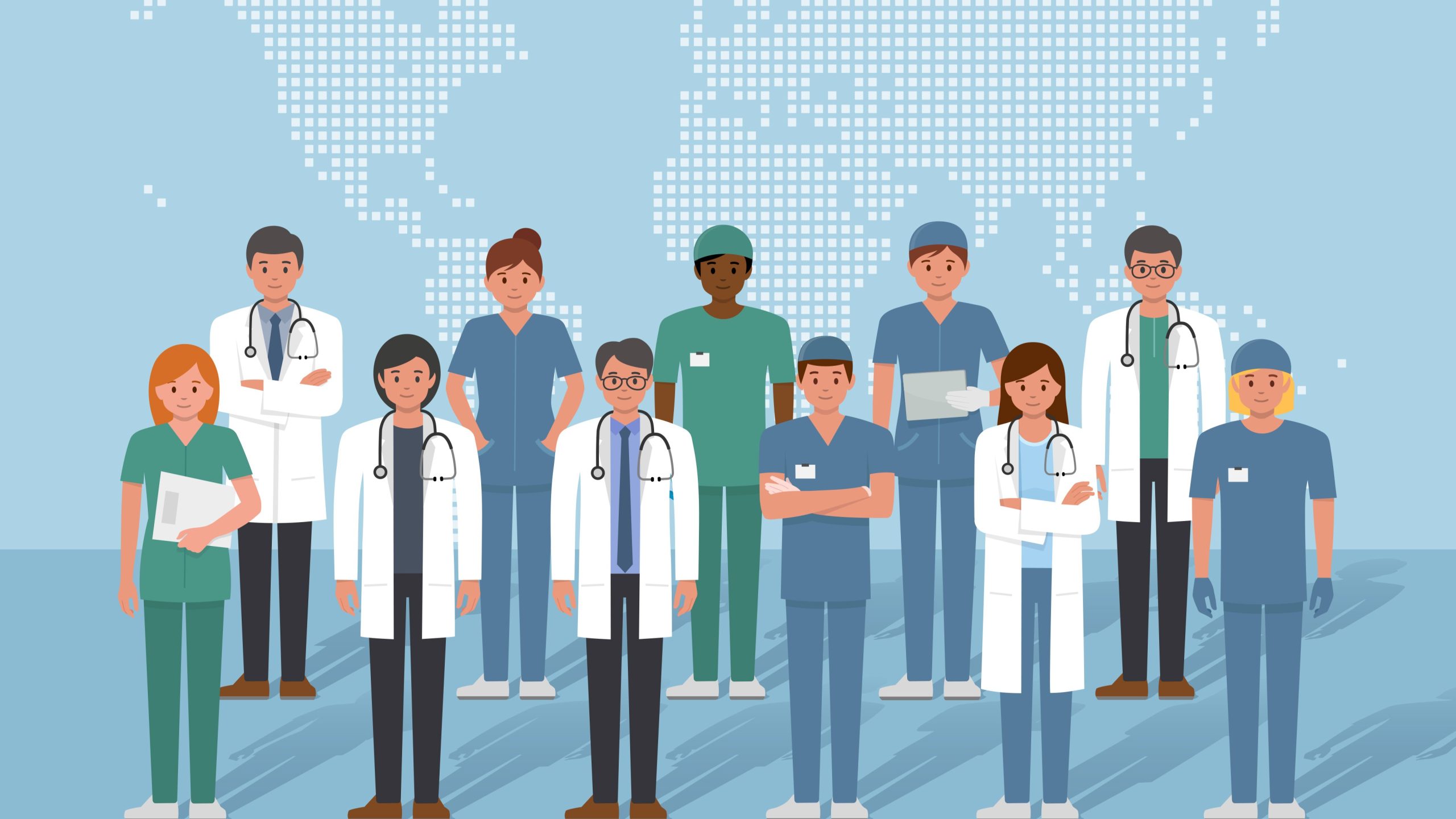 Stock illustration of healthcare providers standing in front of a world map