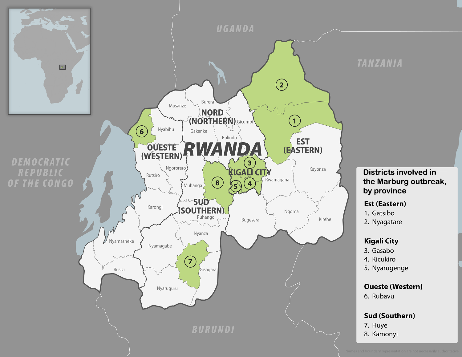 Marburg map-updated caption Districts involved in the Marburg outbreak, by province. Est (Eastern): 1. Gatsibo 2. Nyagatare. Kigali City: 3. Gasabo 4. Kicukiro 5. Nyarugenge Oueste (Western): 6. Rubavu Sud (Southern): 7. Huye 8. Kamonyi