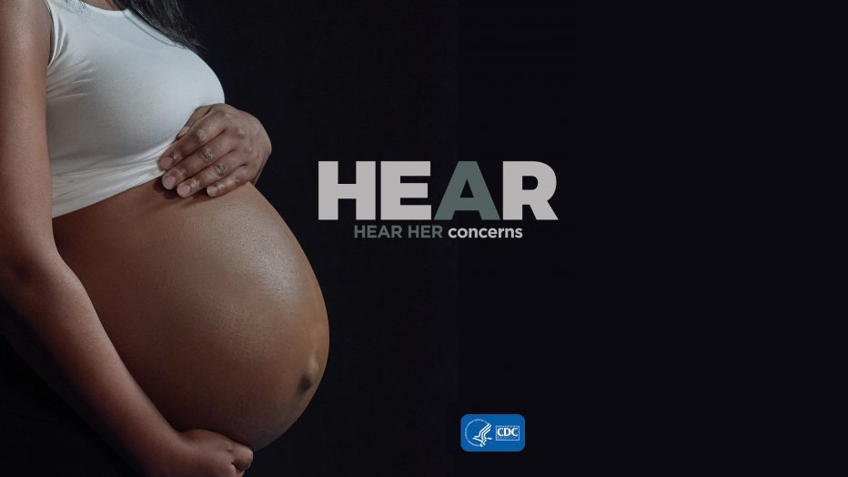 Hear Her Concerns Woman holding pregnant belly with HEAR HER Concerns text displayed