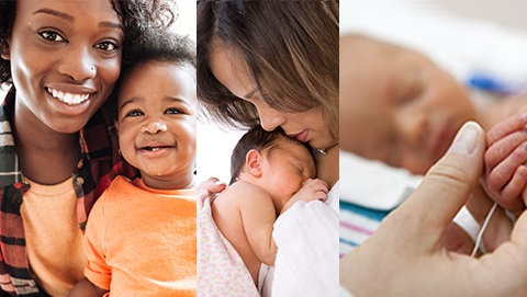 Maternal Infant Health woman holding a baby, a pregnant woman and a health care provider, another woman holding an infant, and a premature infant