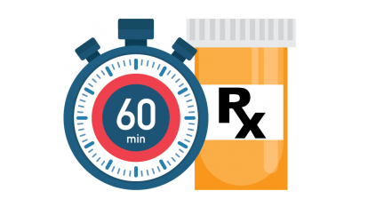 Stopwatch reading 60 minutes next to high blood pressure medication