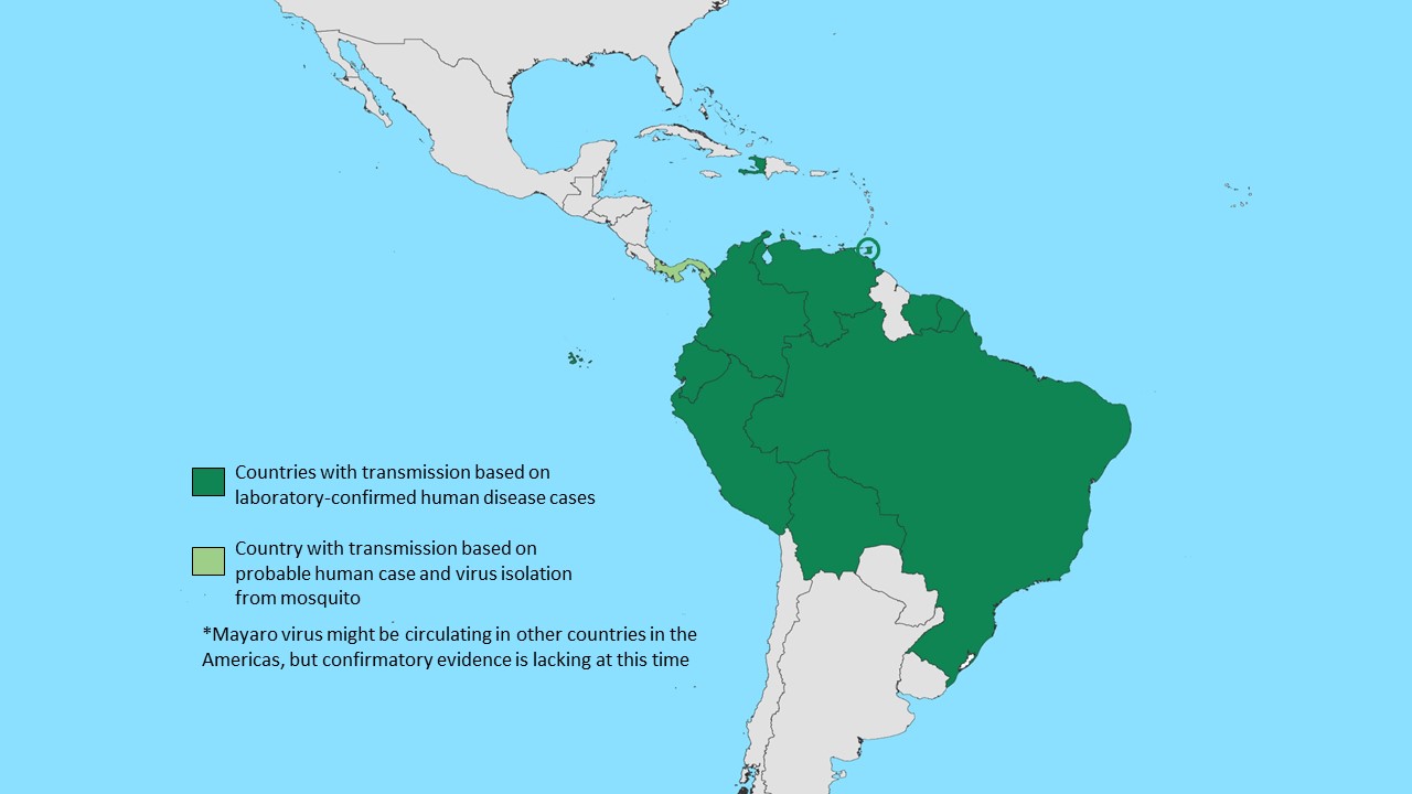 Mayaro-distribution-map-Dec-2024 Map showing the distribution of Mayoro virus in the Americas.