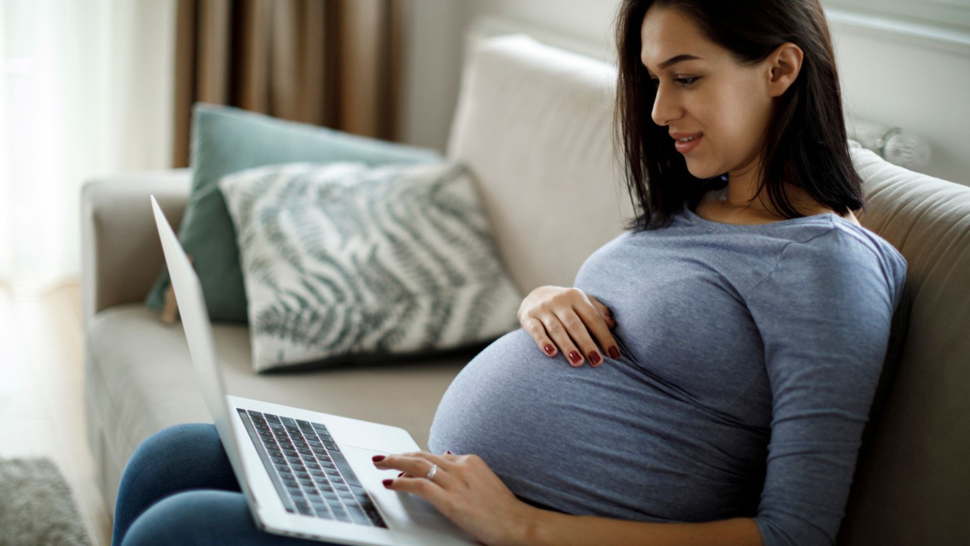 — title missing — A pregnant person looking up information on a computer