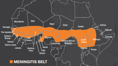 Meningitis Belt The meningitis belt stretches from Ethiopia to Senegal in Africa.