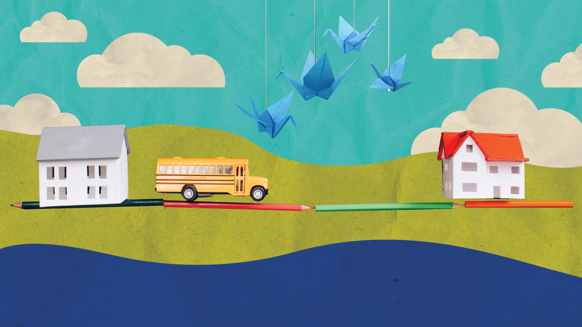 About Behavioral Health Artistic cutouts of houses, a school bus, origami birds