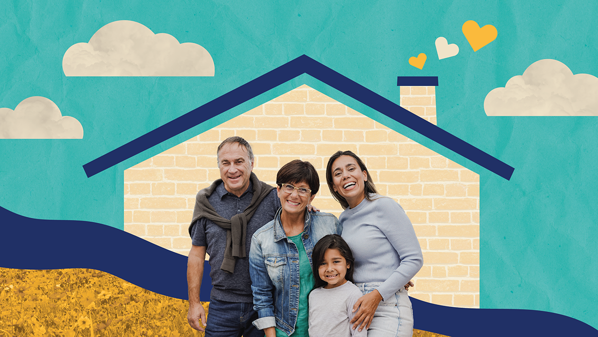About Mental Health Three adults, one child standing together in front of a house. Hearts are coming up from the chimney.