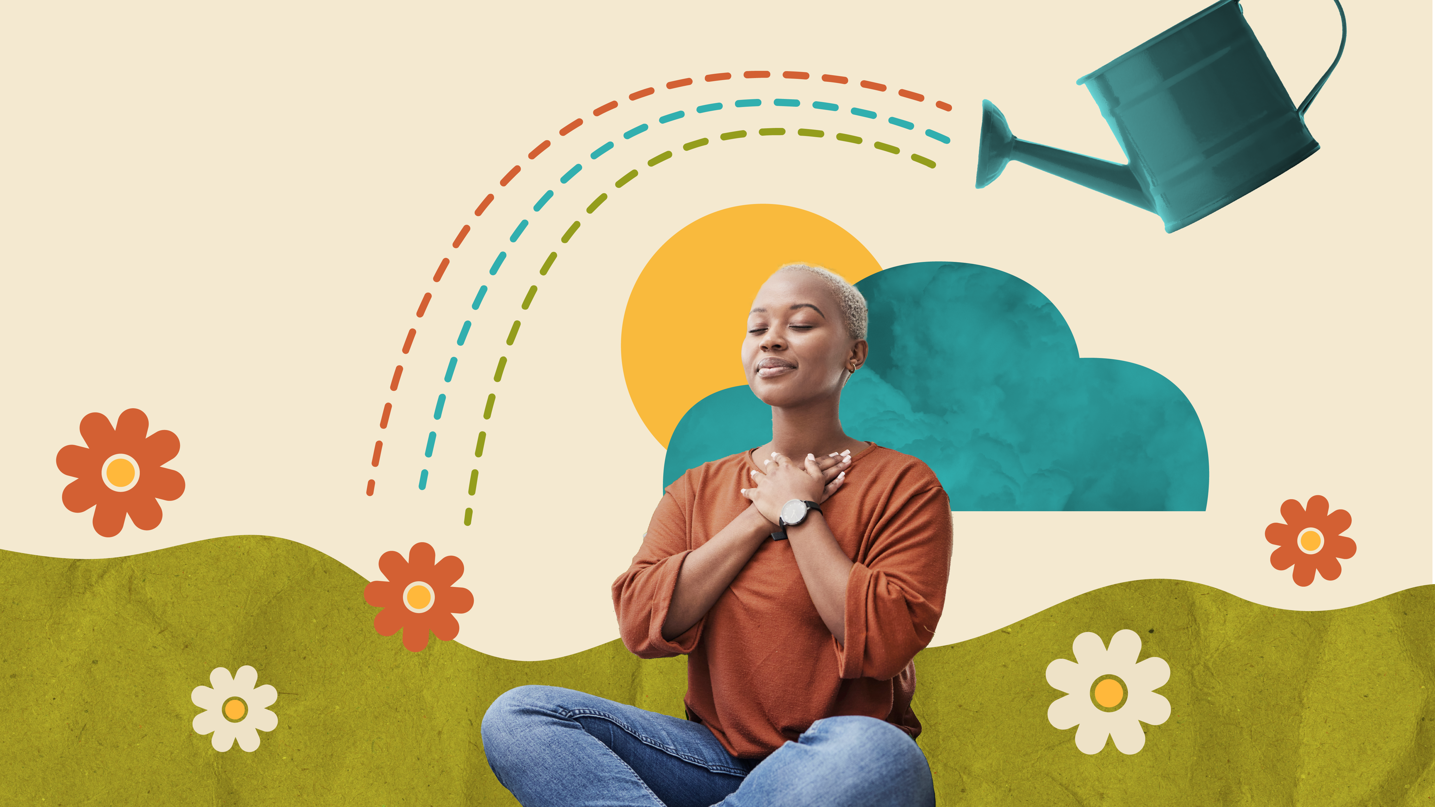 Coping with Stress A woman sitting in a garden, eyes closed, hands folded across her chest. Above her, a watering can is pouring a rainbow.