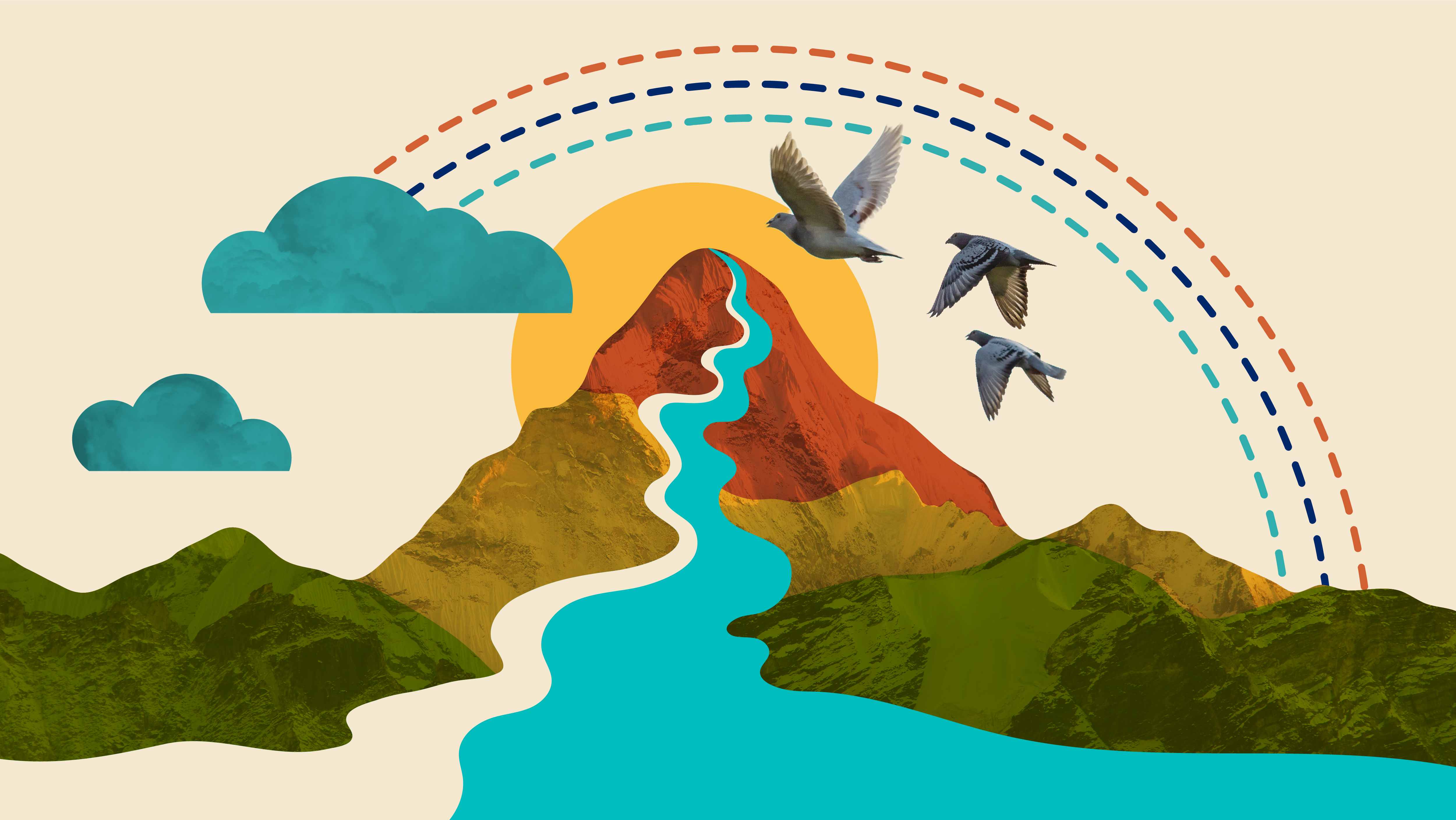 Protecting Our Nation's Mental Health A rainbow from a line; birds flying, the sun is behind a mountain; a stream is flowing down the mountain.