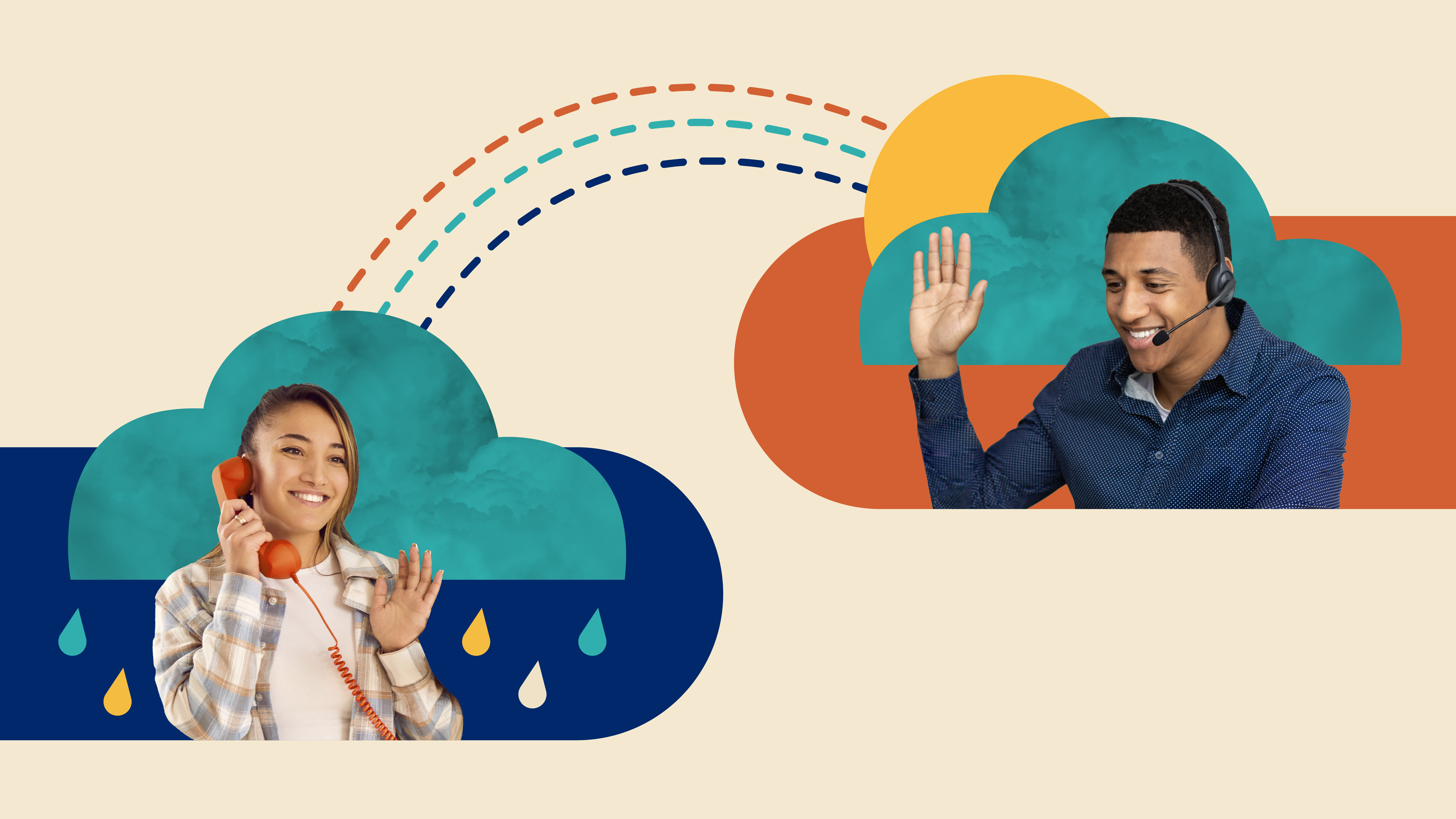 Resources for Help and Support Two adults speaking on their phones. One is in front of rain the other in front of the sun connected by a rainbow.