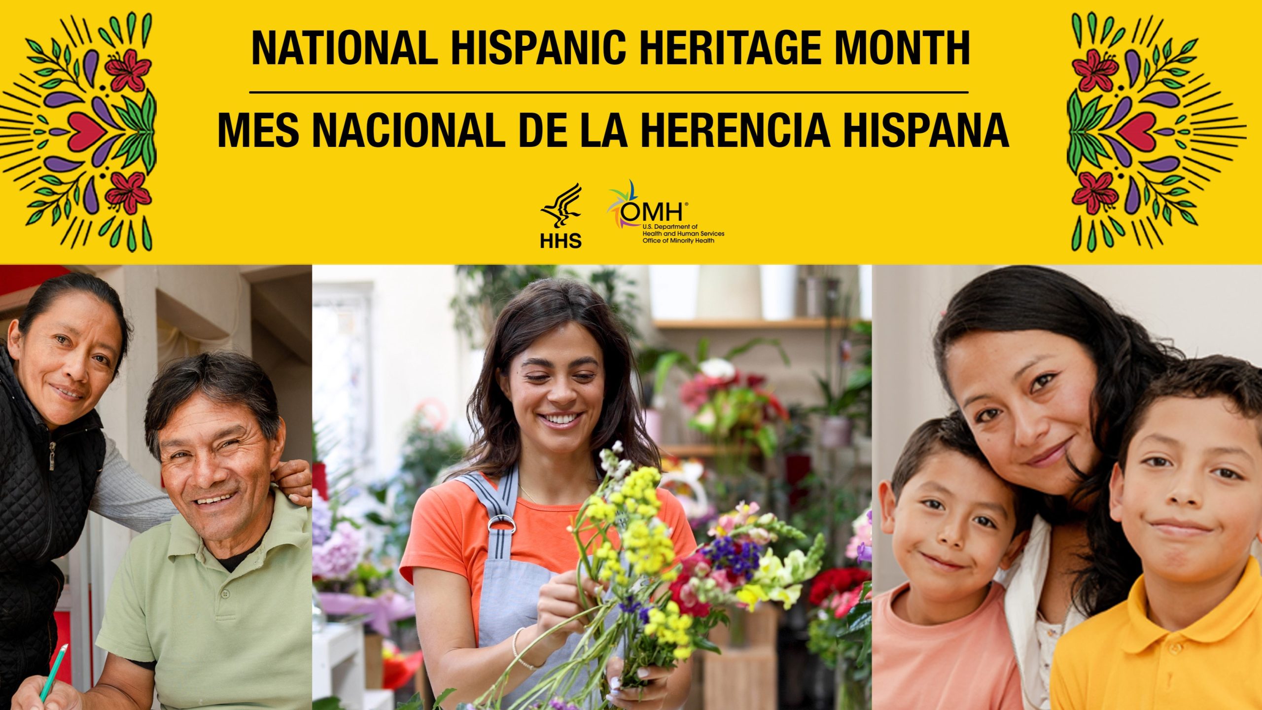 Graphic of National Hispanic Heritage Month with Hispanic and Latino families. National Hispanic Heritage Month graphic with Hispanic and Latino families.