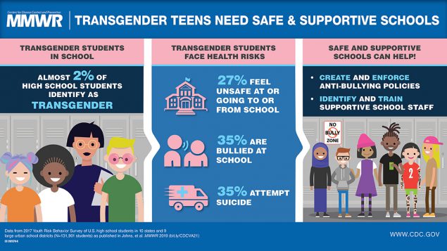 Transgender Identity and Experiences of Violence Victimization, Substance Use, Suicide Risk, and Sexual Risk Behaviors Among High School Students — 19 States and Large Urban School Districts, 2017 The figure is a visual abstract that discusses the need for safe and supportive schools for transgender youths.