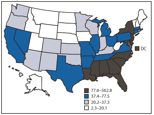 The figure shows prevalence rates of persons aged 13-24 years living with a diagnosis of HIV infection in the United States as of the end of 2009. The prevalence of persons aged 13-24 years living with an HIV diagnosis was 69.5 per 100,000 population, ranging by state from 2.3 to 562.8 per 100,000.