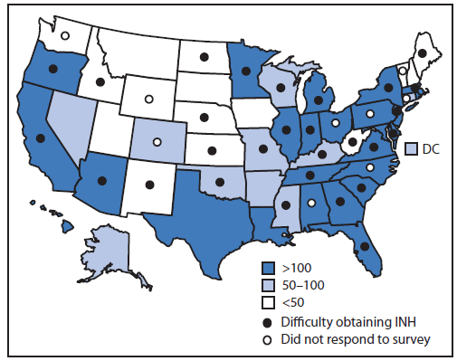 The figure shows states reporting difficulty obtaining isoniazid during 2012-2013 and state tuberculosis (TB) case counts in in the United States during 2011. Of the 68 surveyed jurisdictions, 42 (62%) responded. Of those responding, 38 (90%) represented state TB programs, and four (10%) represented large cities; respondents represented areas with low, medium, and high numbers of TB cases in 2011.