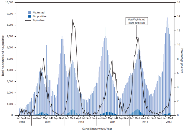 The figure shows the number of respiratory samples tested and number and percentage of tests positive for human metapneumovirus (hMPV), by week of report during July 5, 2008-March 2, 2013. hMPV surveillance data from the National Respiratory and Enteric Virus Surveillance System and from GermWatch indicate biennial activity peaks.
