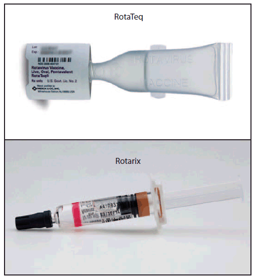 The figure shows two live rotavirus oral vaccines (RotaTeq and Rotarix).These vaccines are approved for prevention of rotavirus gastroen¬teritis and recommended at ages 2, 4 (RotaTeq/Rotarix), and 6 (RotaTeq) months by the Advisory Committee on Immunization Practices.