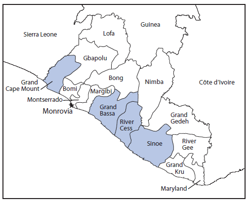 The figure above is a map showing the location of the four rural Liberian counties (Grand Cape Mount, Grand Bassa, Rivercess, and Sinoe) assessed for challenges associated with Ebola epidemic response plans during August-November 2014.