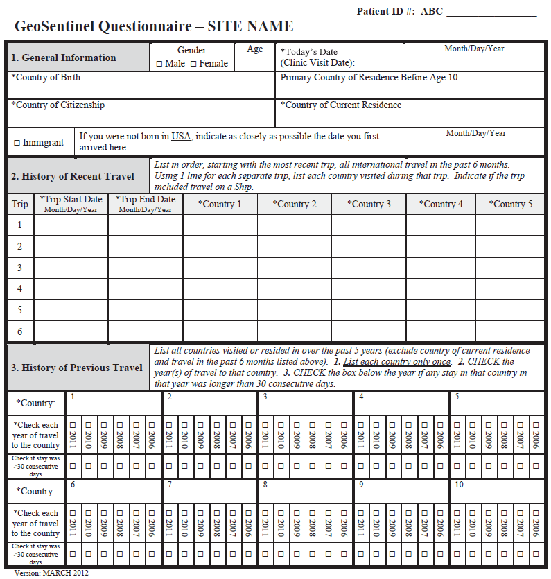This figure shows the first page of the two-page GeoSentinel questionnaire. It captures general information (e.g., age, sex, country of birth, country of residence, and immigrant status) about the ill traveler as well as recent and past travel history.