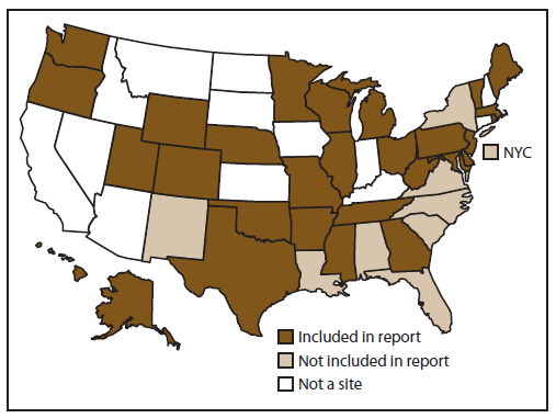 This figure is a map of the United States. The 29 states that collected Pregnancy Risk
Assessment Monitoring System (PRAMS) data in 2009 and achieved a weighted response rate of at least
65% are shaded in dark brown: Alaska, Arkansas, Colorado, Delaware, Georgia, Hawaii, Illinois, Maine,
Maryland, Massachusetts, Michigan, Minnesota, Mississippi, Missouri, Nebraska, New Jersey, Ohio,
Oklahoma, Oregon, Pennsylvania, Rhode Island, Tennessee, Texas, Utah, Vermont, Washington, West
Virginia, Wisconsin, and Wyoming. PRAMS participating sites that did not meet the 65% response rate
threshold in 2009 are shaded tan: Alabama, Florida, Louisiana, New Mexico, New York State and New
York City , North Carolina, South Carolina, and Virginia. The remaining states were not sites and are
shaded white.