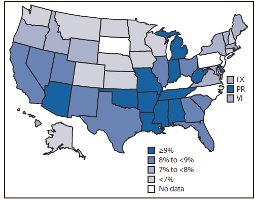 This figure is a map of the United States showing the prevalence of current depression among adults aged ≥18 years, by state quartile, using data from the 2006 Behavioral Risk Factor Surveillance System. The prevalence of depression was generally highest in the southeastern states Current depression was defined as a Patient Health Questionnaire-8 severity score of ≥10. Quartiles are based on point estimates (see Table 4). For Arizona, Colorado, Idaho, Illinois, Massachusetts, New York, and Ohio, data are from 2008.