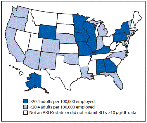 m6355a5f1.gif The figure shows a map of the United States indicating the prevalence rate per 100,000 employed persons aged â¥16 years of elevated blood lead levels â¥10 μg/dL for 2013 in the 28 states that participated in the State Adult Blood Lead Epidemiology and Surveillance programs. Results varied by state. The national rate in 2012 was 22.5 cases per 100,000 employed adults aged â¥16 years.