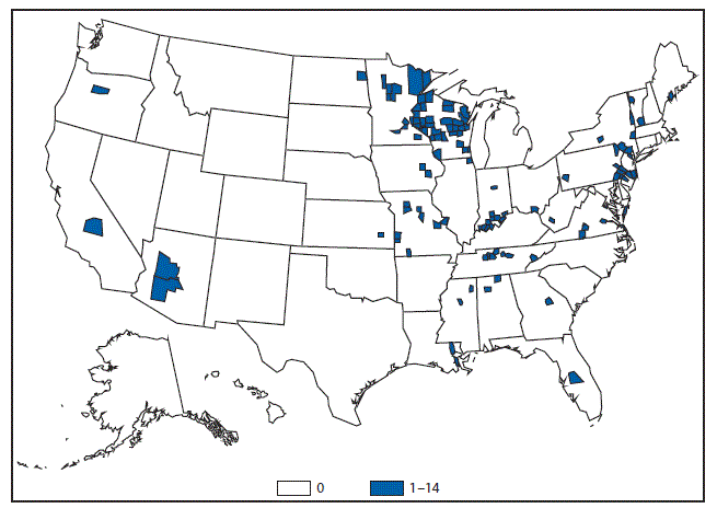 m6453a1f27 This figure is a map of the United States that presents the number of Ehrlichiosis (undetermined) cases by county in 2015.